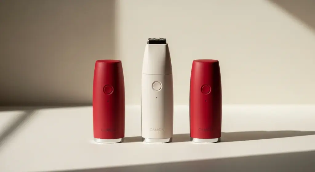 Three minimalist personal care shavers arranged for comparison — editorial product still-life