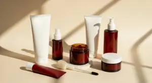 Inclusive personal care products arranged on cream surface — body-positive, unisex aesthetic