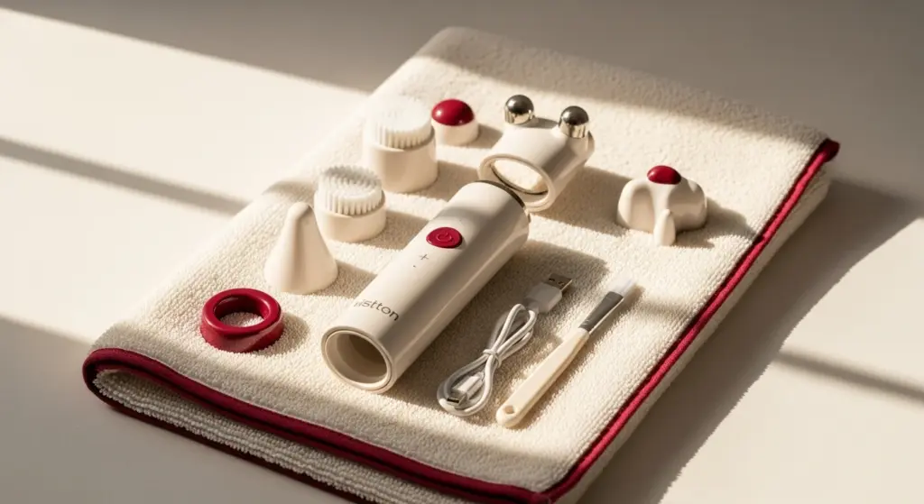 Disassembled electric shaver with cleaning brush on cream towel — premium care aesthetic