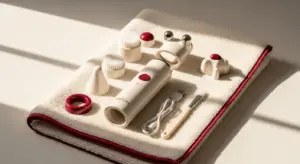 Disassembled electric shaver with cleaning brush on cream towel — premium care aesthetic