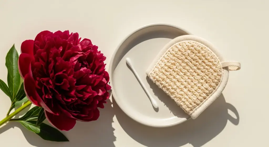 Morning bikini-line skincare ritual — exfoliating mitt, cotton swab, ceramide cream