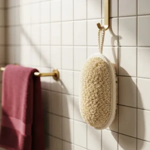 Karixe Exfoliating Mitt — hanging by loop on bathroom hook