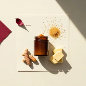 Karixe Smoothing Body Polish — ingredients still-life (turmeric, sugar, shea)