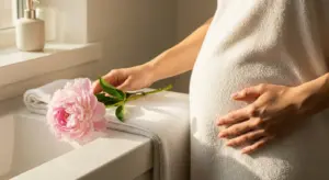 Calm postpartum skincare setup — soft towel, peony, cream-toned bathroom counter