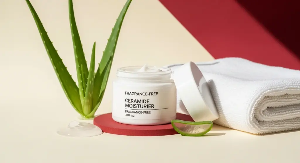 Fragrance-free ceramide moisturizer and aloe — calming still-life for sensitive skin