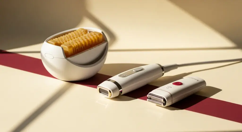 Three hair removal methods compared — wax pot, laser device, electric shaver still-life